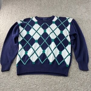 GANT Hand Intarsia‎ Argyle Sweater Mens Large Cotton Blue Green White Preppy